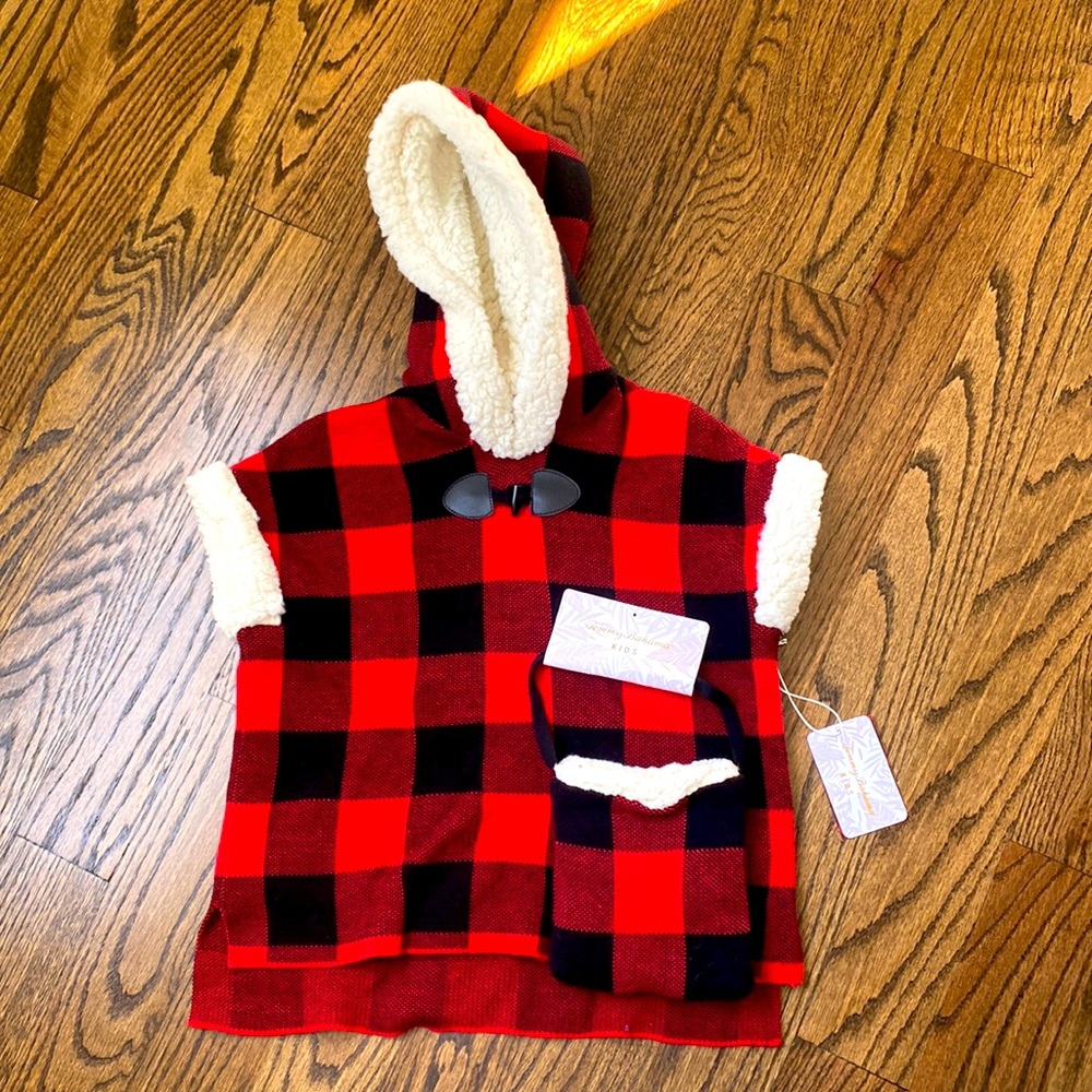 Red plaid faux shearling poncho and purse NWT
